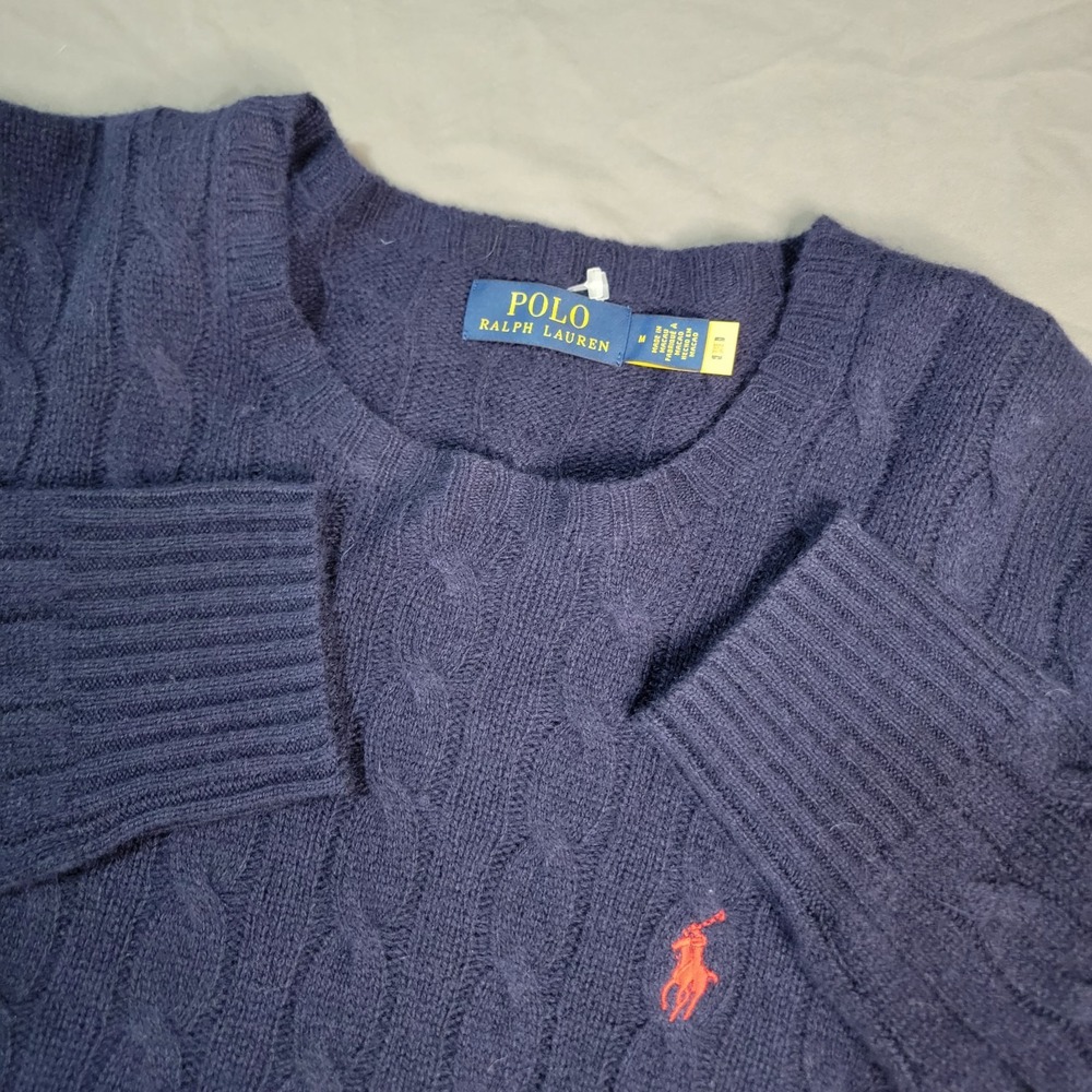 Polo Ralph Lauren Cashmere Wool Blend Sweater Cable Knit Mens M Navy Blue Pony